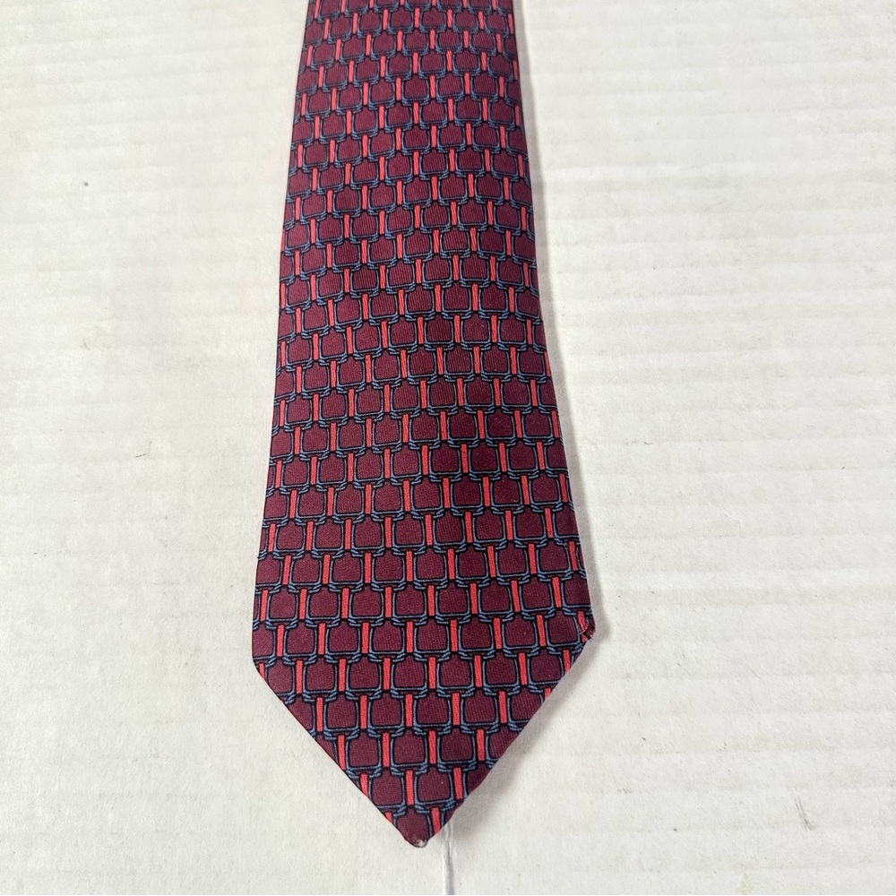 Hermès Silk Tie Luxury Burgundy, Red & Blue Equestrian Geometric Print Silk Tie - Picture 5 of 8